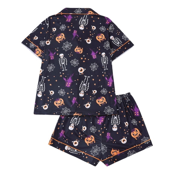 Gaexia Silk Pajamas Women Pumpkin Satin Pajama Set Print Short Sleeve Sleepwear Button Down Pjs Shorts Set Loungewear Sleepwear Button Down 2 Piece Pjs Shorts Set