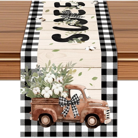 Farmhouse Table Runner with Buffalo Check Border, Sweet Home Design, Cotton Linen, 72 x 13 inches, Black and White