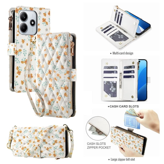 Tianyeda for REDMI Note 14 5G Case Wallet Card Holder Zipper Leather Flip Cover Crossbody Wrist Strap with Stand A3