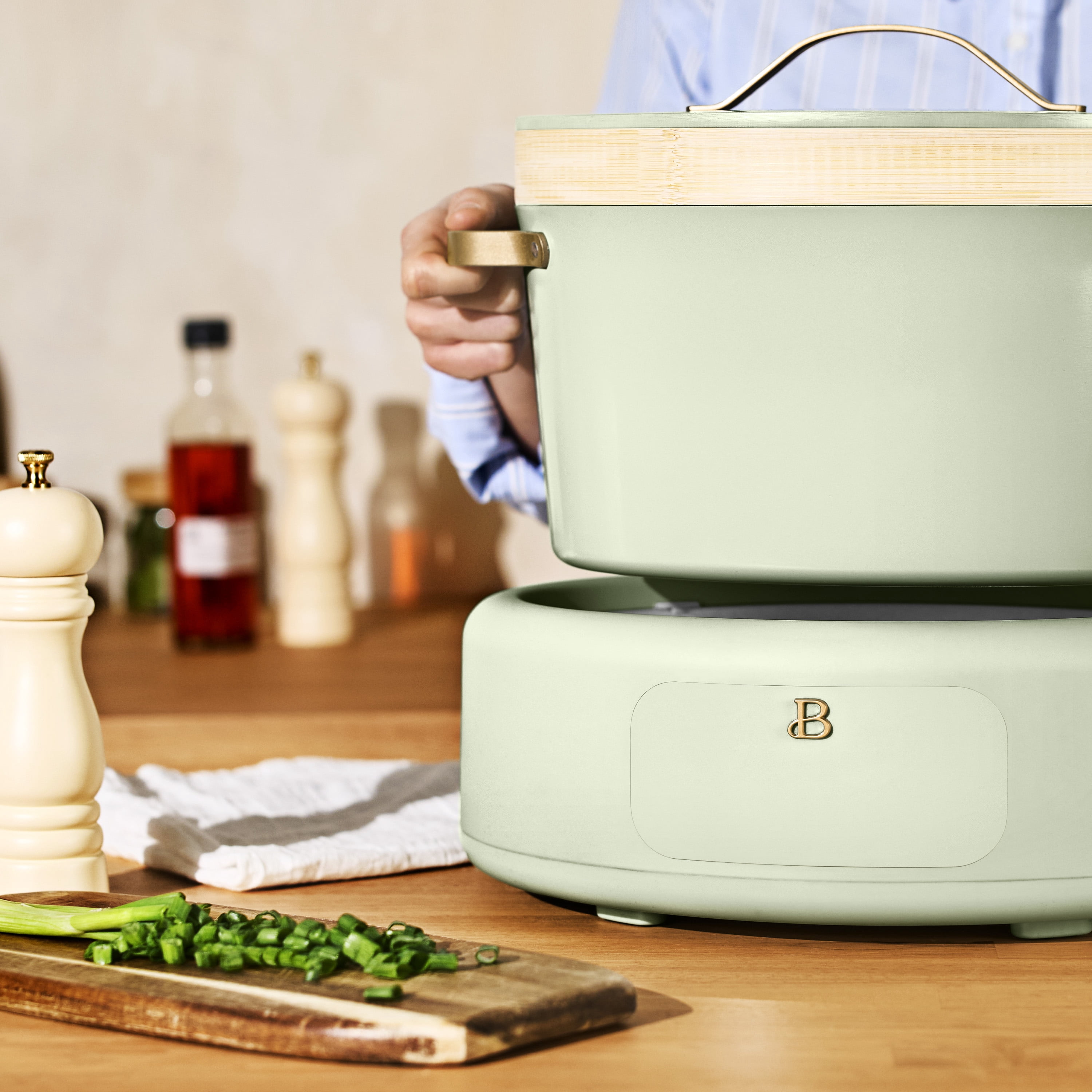 Beautiful 10-in-1, 8 Qt Multi-Cooker with Bamboo Steamer Insert by Drew Barrymore, Sage Green