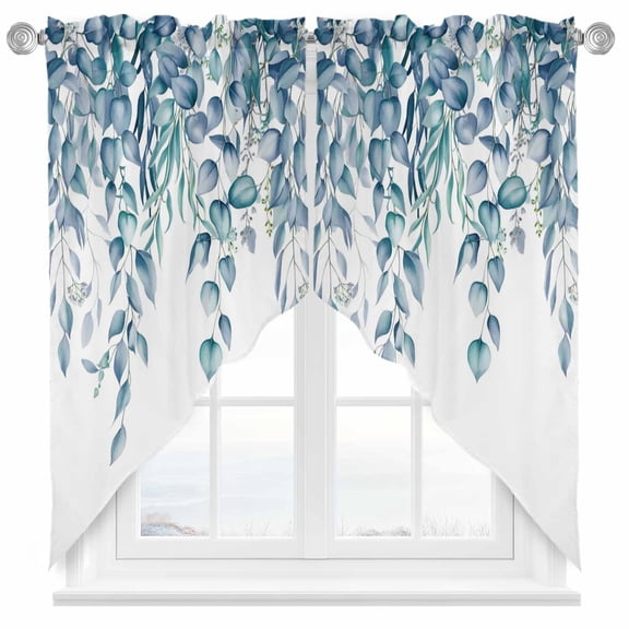 Teal Blue Eucalyptus Leaves Swag Kitchen Curtain Valances, Summer Farmhouses Botanical Rod Pocket Curtains Window Treatment Decor Valances for Bedroom Bathroom, 2 Panels 28 x 36 Inch