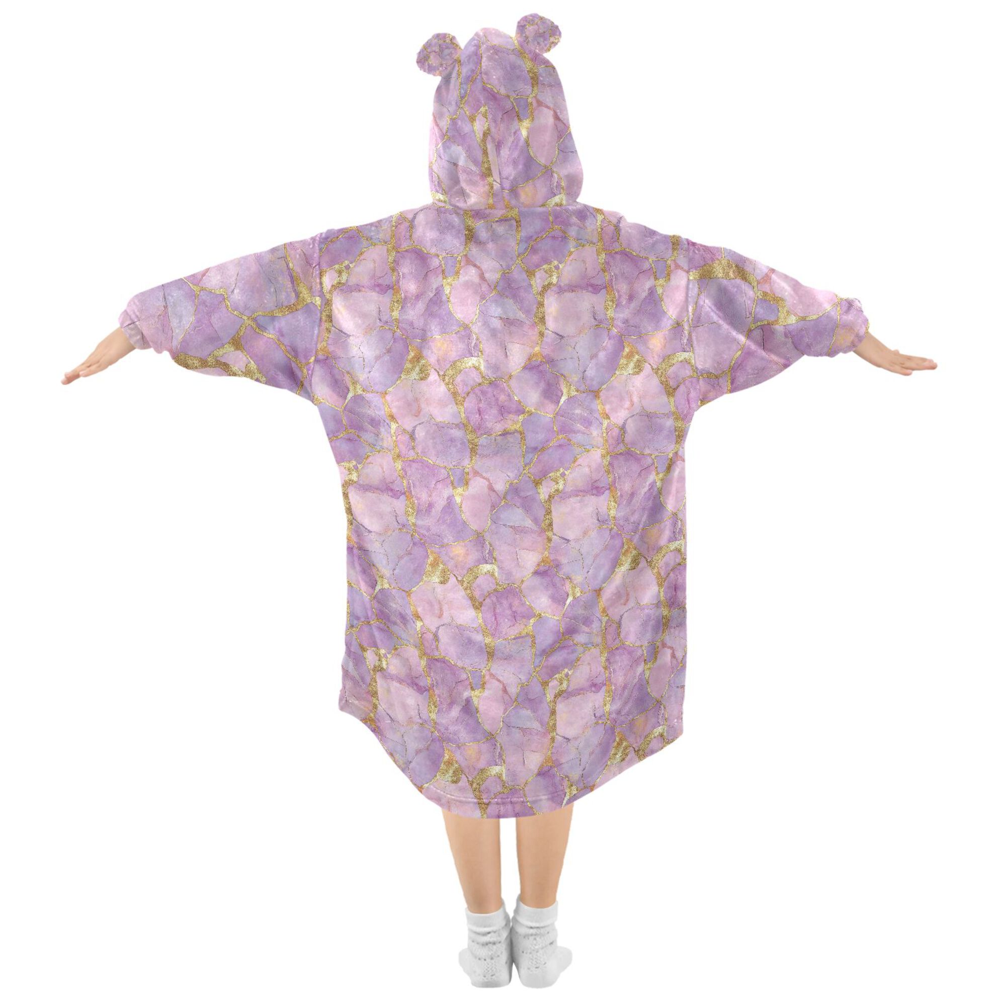 FORMRS Wearable Blanket Hoodie with Sleeves for Kids Cozy Flannel Sweatshirt, Pastel Pink Marble Pattern