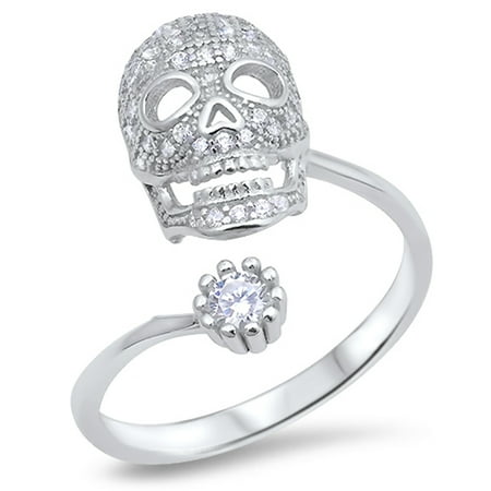 Winged Skull Ring CHOOSE YOUR COLOR Open Skull Biker White CZ Evil Ring New .925 Sterling Silver Band ()