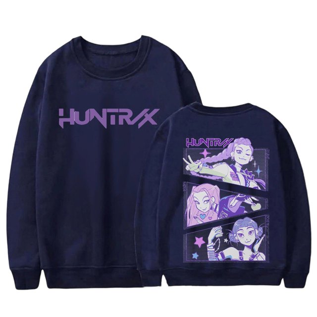 KPop Demon Hunters Huntrix 2025 Cartoon Movie Crewneck Long Sleeve Streetwear Men Women Sweatshirts -Backside Printed Pattern#Navy XL