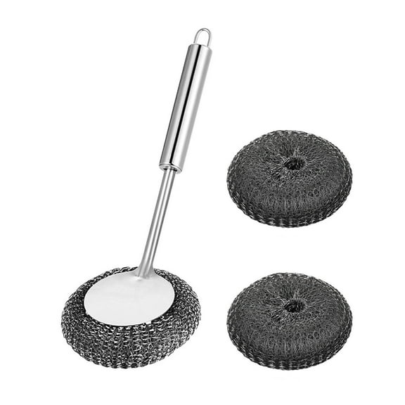 Stainless Steel Scrubber with Long Handle Metal Dish Scrubbing Brushes Set for Stain on Kitchen Pots Pans and Grills