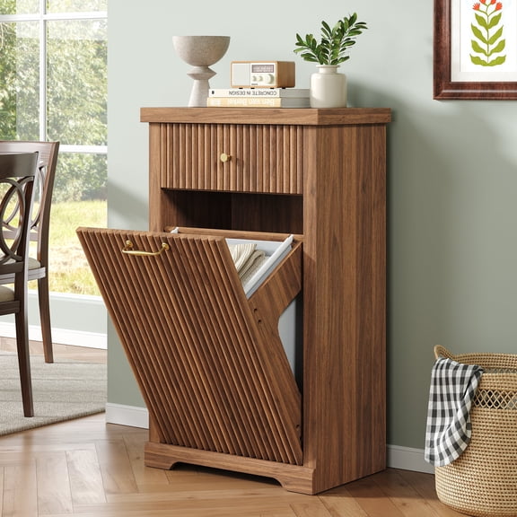LSKTGA Kitchen 13 Gallon Trash Cabinet, Single Tilt Out Trash Cabinet with Drawer, Wooden Garbage Can, Laundry Hamper Cabinet for Dining Room, Bathroom, Walnut