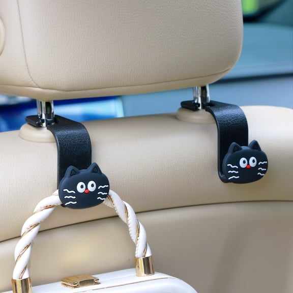 Car Seat Headrest Hooks Cute Cat Black Car Accessories - Cute Cartoon Hook Vehicle Hanger for Purses, Bags, Coats, Umbrellas Universal Holder 2-Pack