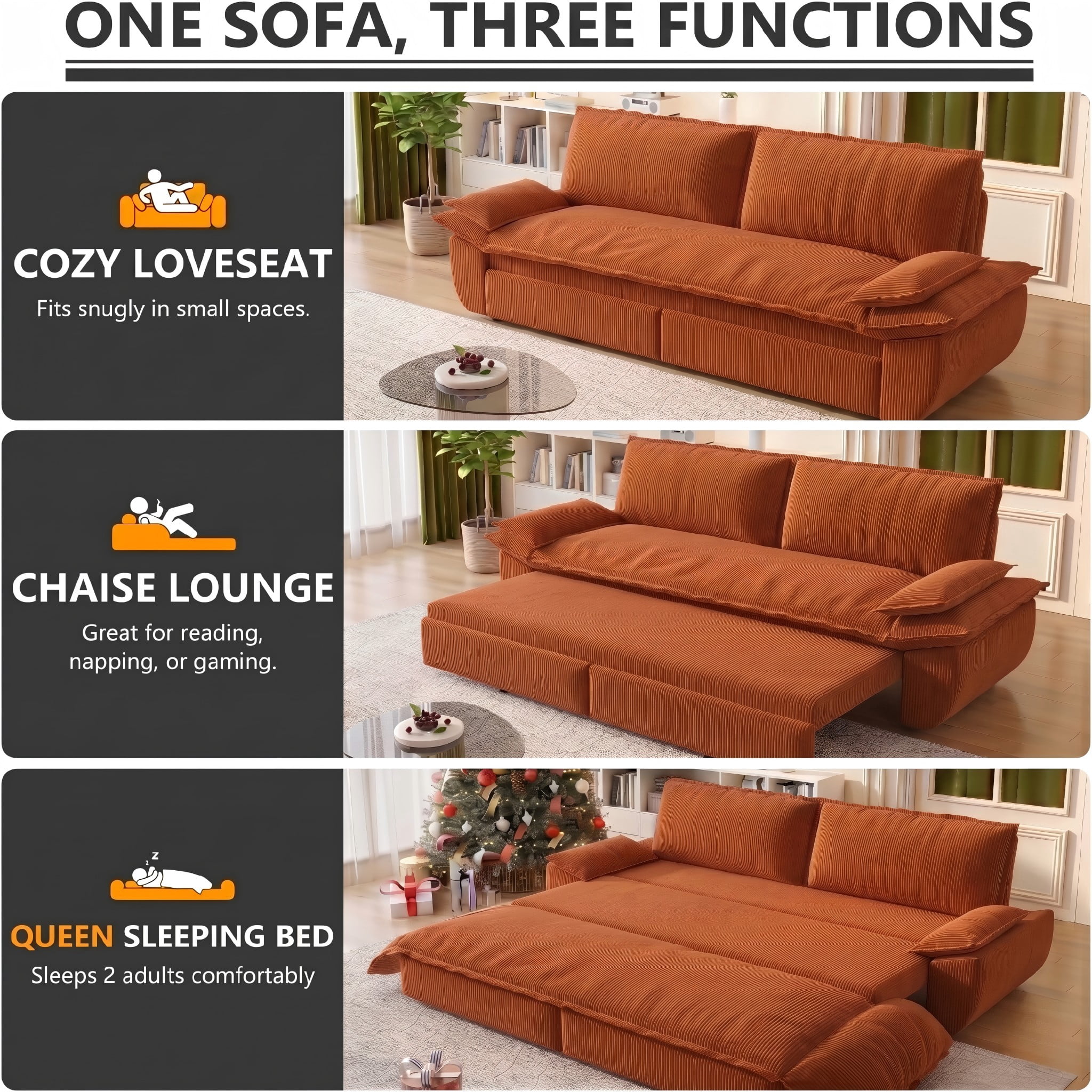 Multi-Functional Corduroy Convertible 3-in-1 Sofa Bed, Queen Size Loveseat Sleeper Couch, Orange