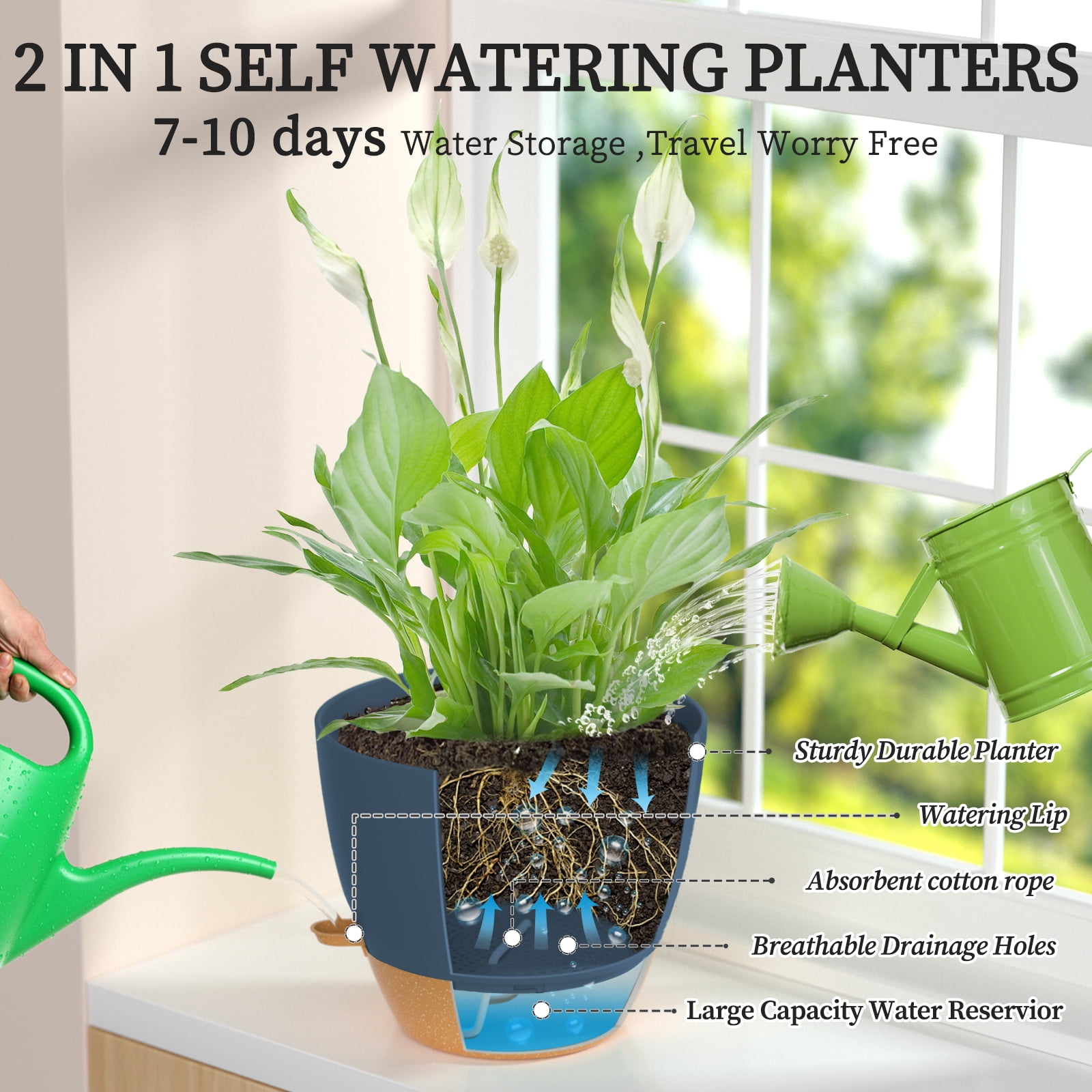 FIASON 3 Pack 9/10/12 Inch Blue & Brown Self-Watering Plastic Plant Pots, Indoor Outdoor Garden Planters with Drainage Holes, Watering Lip & Removable Saucer for Flowers & House Plants