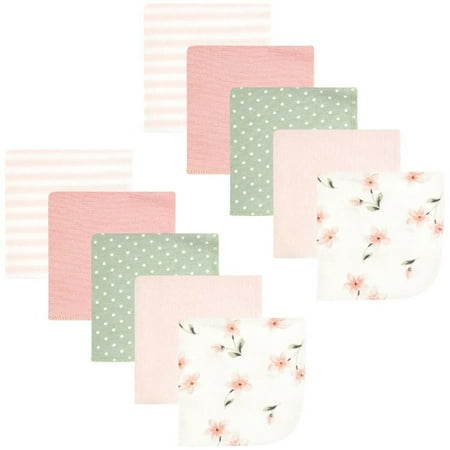 Hudson Baby Infant Girl Flannel Cotton Washcloths Pink Dainty Floral 10 Pack One Size