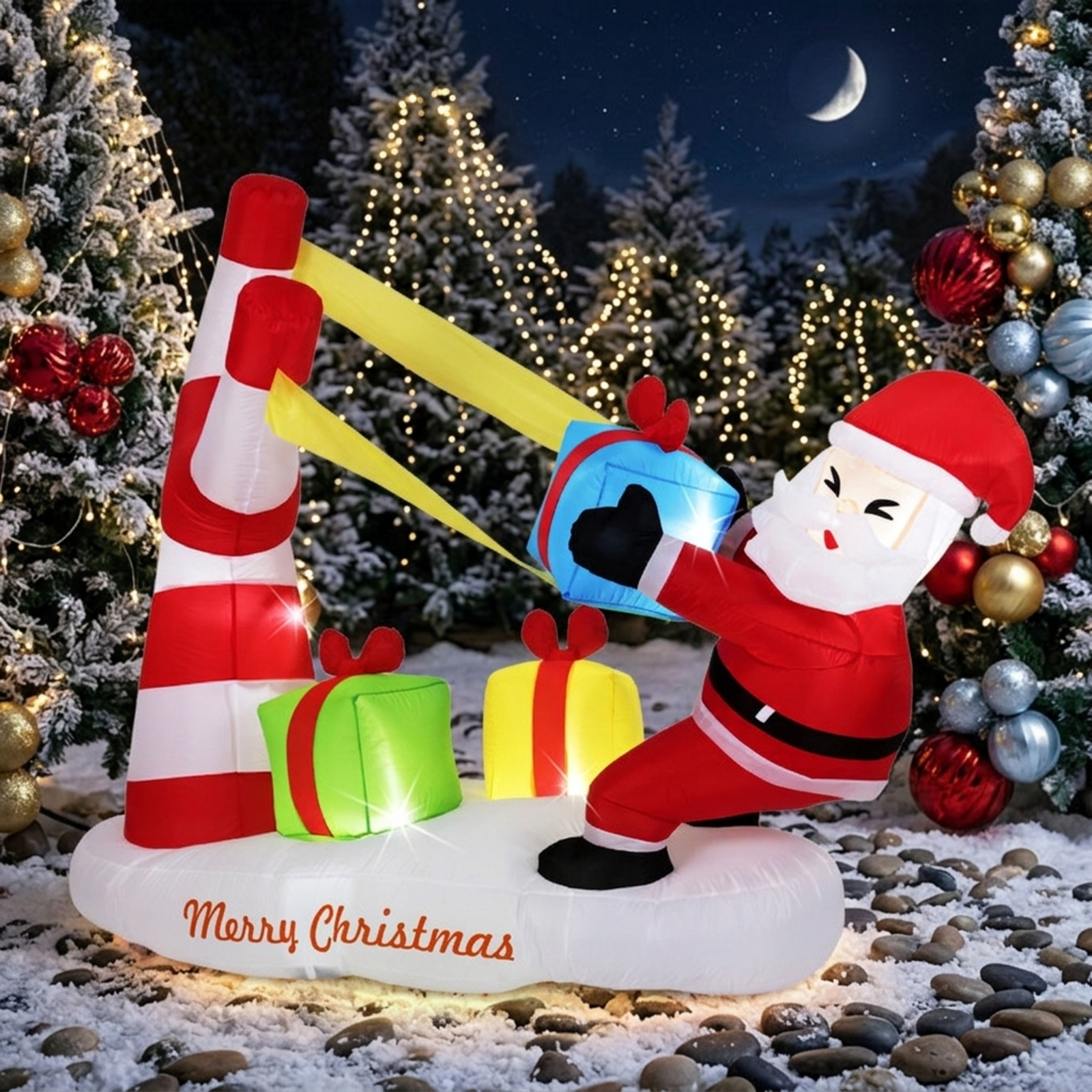RUIE 7 FT Christmas Inflatables Santa with Slingshot, Blow Up Santa with Gift Boxes and LED Lights, Outdoor Yard Decor for Lawn Garden - Multicolor