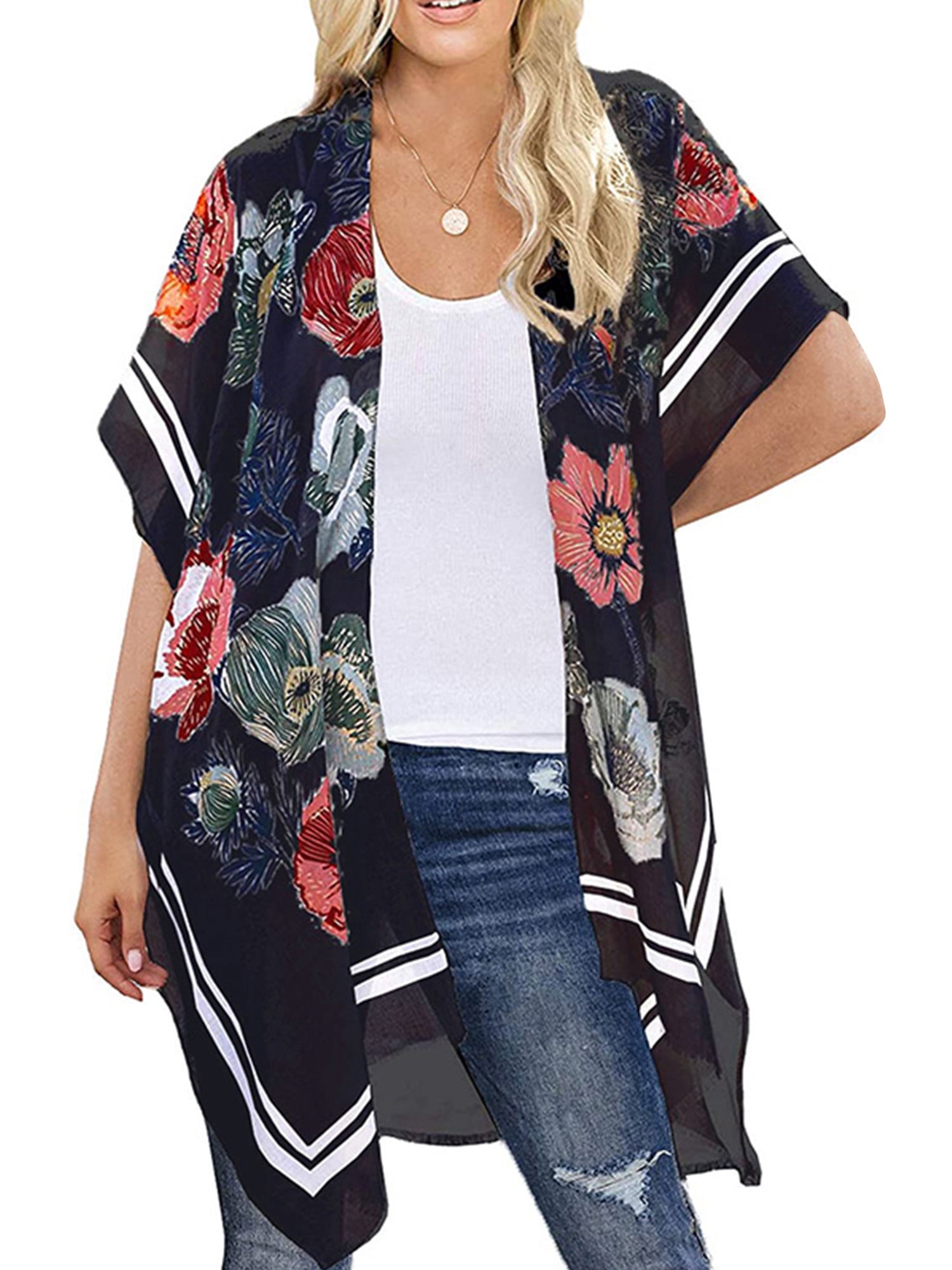 undskylde skab pengeoverførsel Women Summer Floral Kimono Cardigan - Boho Chiffon Kimonos Tops Casual  Loose Blouse Open Front Swinsuit Beach Cover Ups - Walmart.com