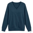 thumbnail image 4 of V-Neck Sweatshirt Women Fleece Pullover with Side Pockets Lightweight Casual Loose Solid Color Long Sleeve Fall Sweatshirt No Hood Navy S, 4 of 6