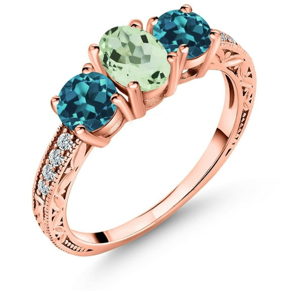 Gem Stone King Oval Green Prasiolite London Blue Topaz 1.87 Ct 18K Rose Gold Plated Silver Ring (Size 8)
