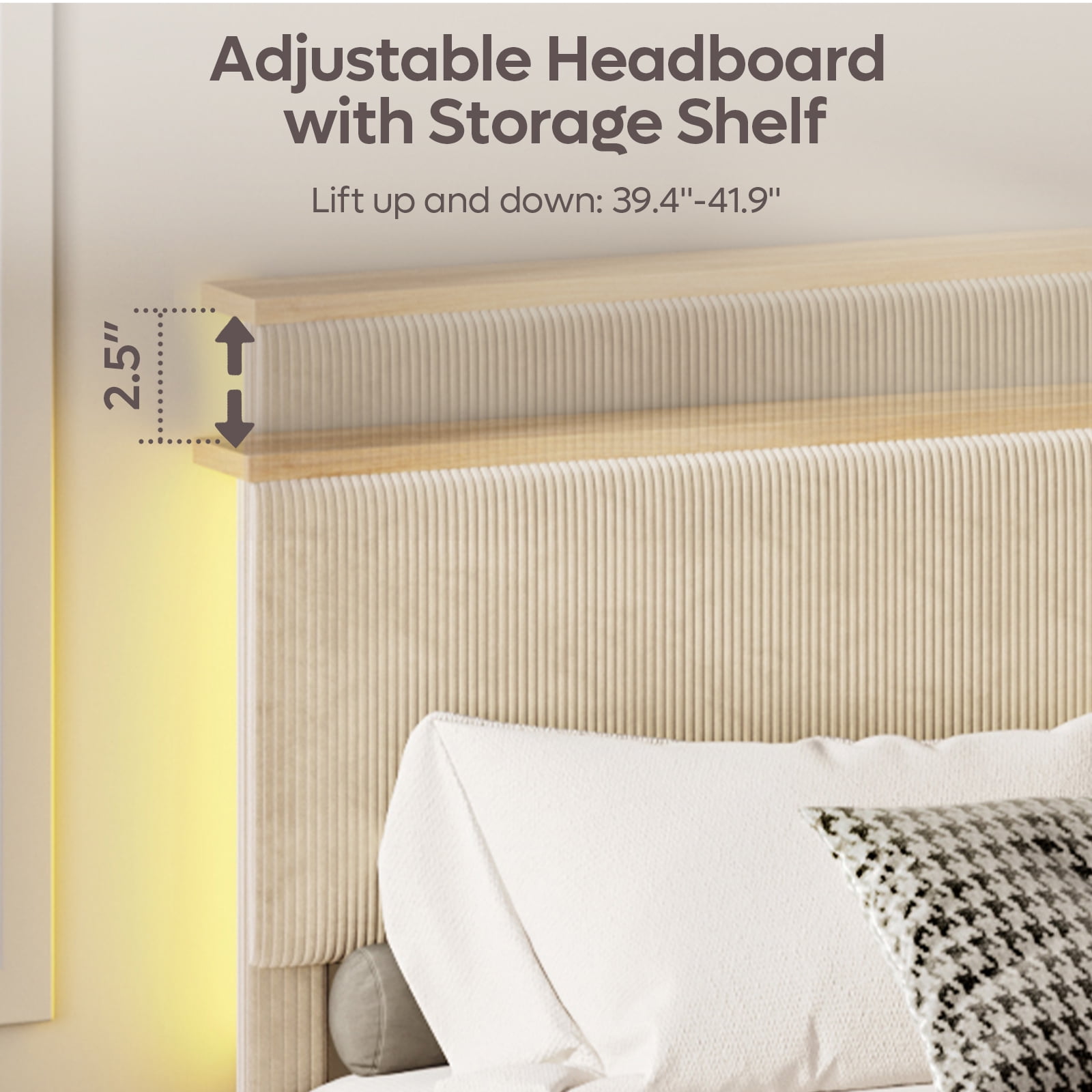 Bestier Full Platform Bed with Adjustable Storage Headboard Shelf, LED Corduroy Upholstered Bed Frame, Beige