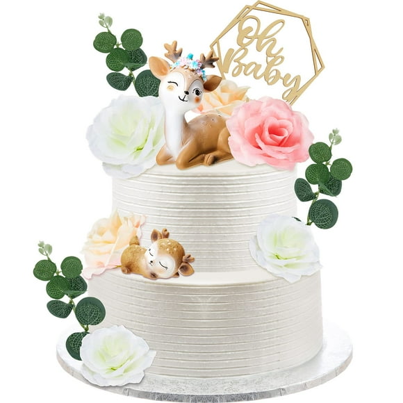 12 Pcs Woodland Deer Figurines cake Toppers Baby Deer cake Topper Baby cake Decorations with Faux Flowers Eucalyptus for Baby Shower gender Reveal Birthday Wedding Party DIY Decor (Elegant Style)