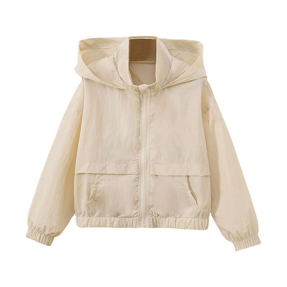 Ruiwill Girls Coat Kids Hooded Jacket Child Windproof Zipper Long Sleeve Crew Neck Print Girl Outerwear Beige Size 7-8 Years