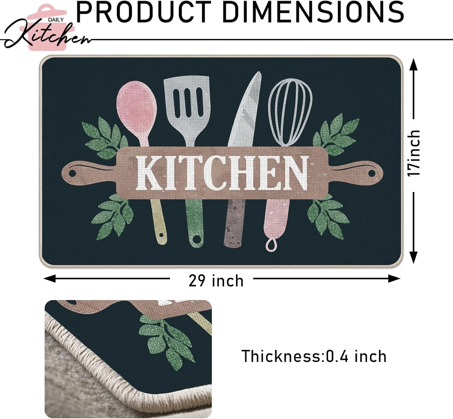 Kitchen Cooking Utensil Decorative Front Door Mat, Kitchen Ware Doormat Indoor Outdoor Non-Slip Floor Entryway Rug, Black Home Kitchen Decoration 17x30 Inch