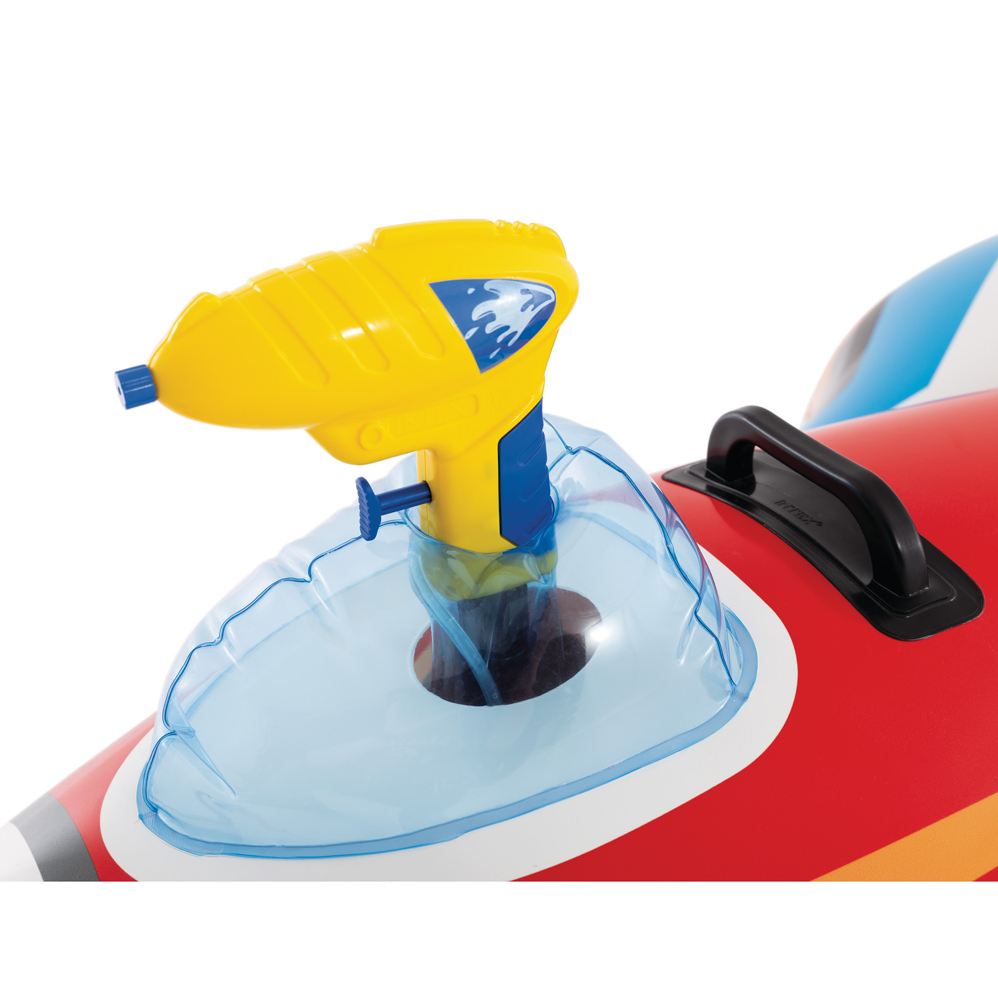 Intex: Jet Fighter Plane Pool Float - Assorted Color, Red OR Blue - Inflatable Ride-On, Attached Water Blaster, Pool & Water Play, 88lb Cap, Kids 3+