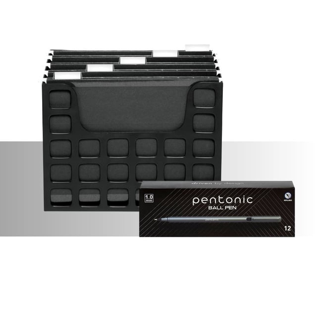 Kit Organización Oficina Oxford: Organizador de Escritorio Tamaño Carta Negro + 12 Plumas Pentonic Punto Medio Tinta Negra