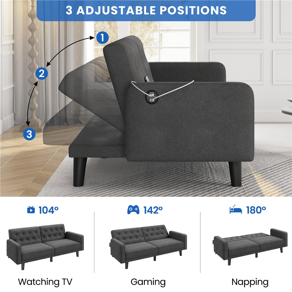 Renwick 63in Convertible Futon Sofa Bed with USB Ports for Living Room, Dark Gray
