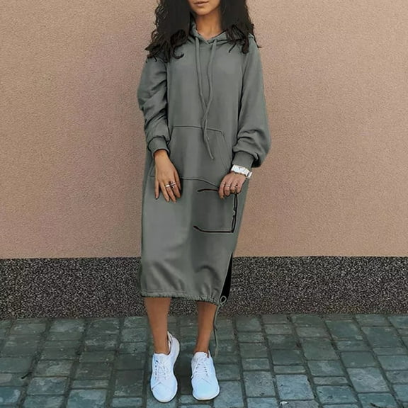 Womens Solid Color Hooded Long Sleeve Warm Casual Pocket Dress Petite Dresses Women Doll Dress Summer Dresses Women Olive Summer Dress Long Dresses for Women Casual Teenager Casual Dresses Summer