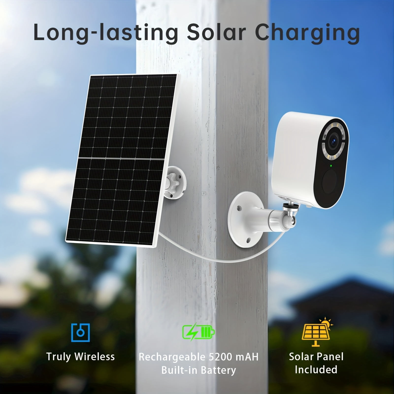 Solar Security Camera 2K Outdoor/Indoor, Waterproof, Low Power, 2.4G WiFi, Two-Way Audio, Human Detection, Color Night Vision, Pet/Baby Monitor