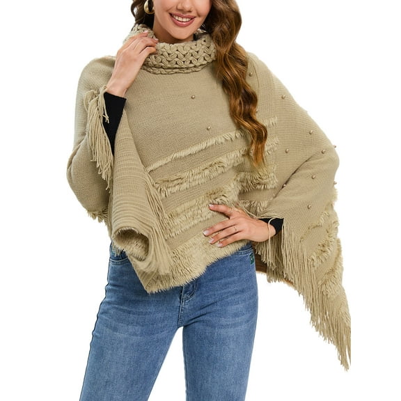 SAYFUT Women Chunky Knit Long Sleeve Ponchos Sweater For Travel Shawl Wrap Asymmetric Hem Pullover Shirts Turtleneck Sweater Loose Casual Lounge Tops