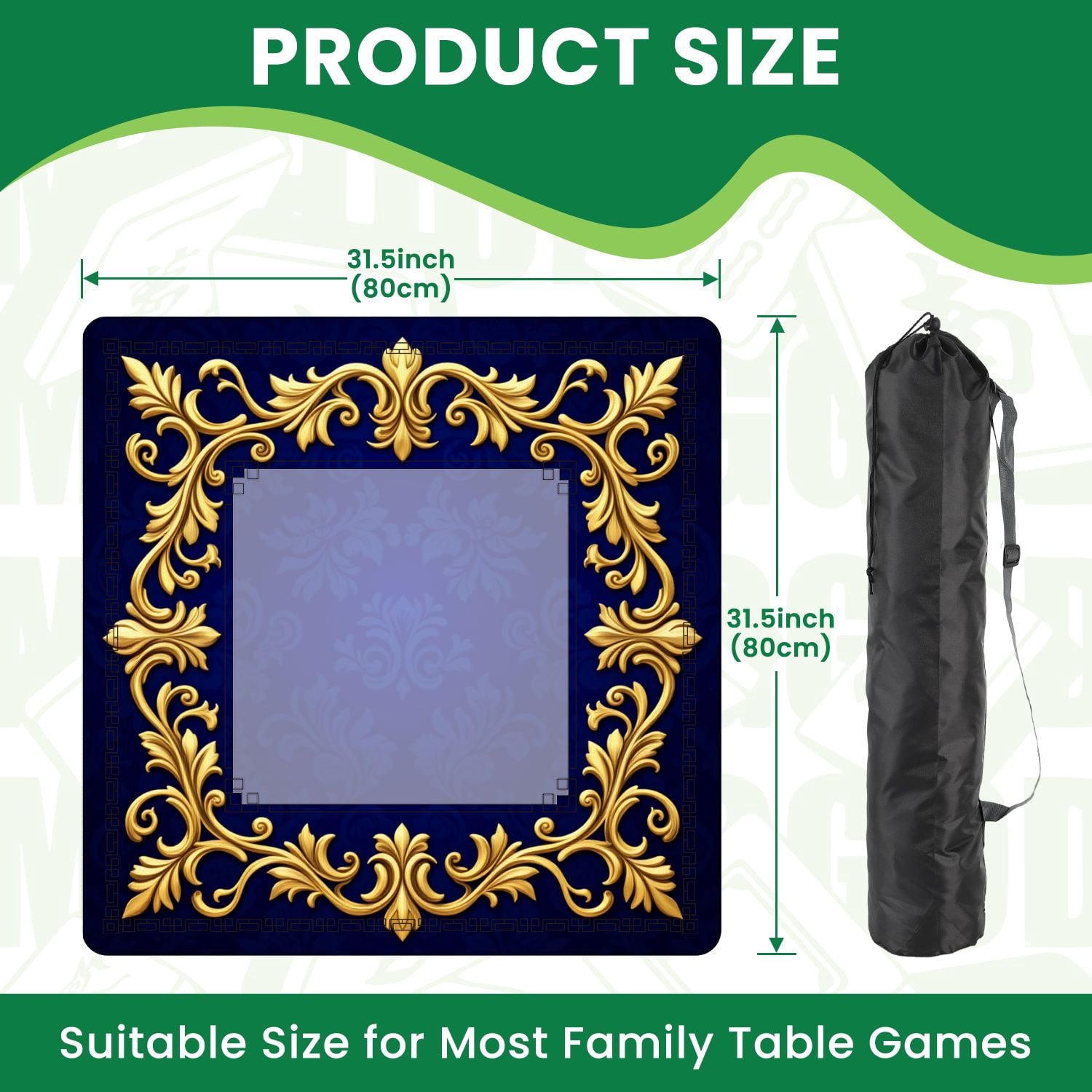 Mahjong Mat 31.5" x 31.5" Elegant Ornate Gold Frame Floral Deep Blue Non-Slip Noise Reduction American Mahjong Tiles Table Cover for Dominoes Poker Card Board Games Gift