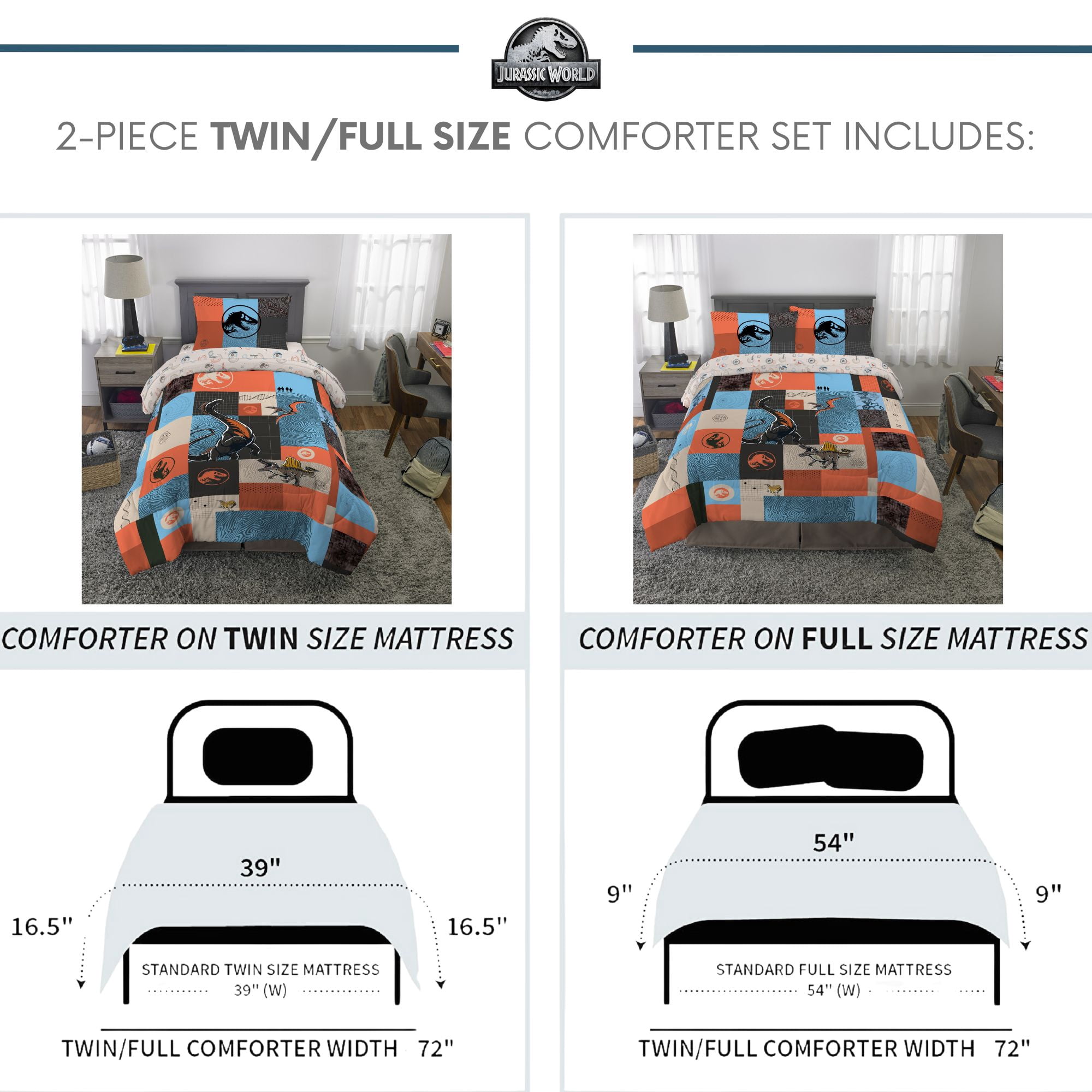 Jurassic World Kids 2 Piece Blue Orange Reversible Dinosaur Comforter and Pillowcase set, Twin/full