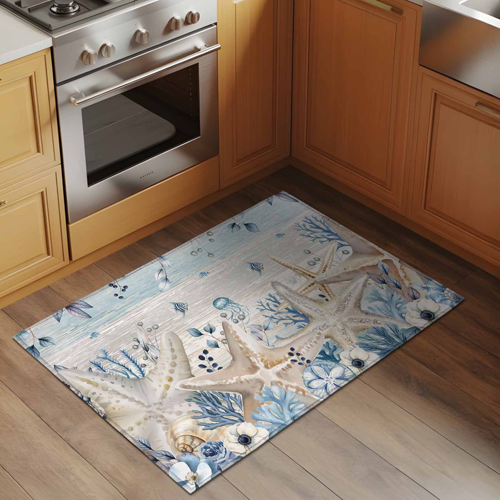 2x3 Ft Entryway Area Rug, Blue Beige Coastal Kitchen Rug Runner Washable Floor Mat, Beach Starfish Summer Eucalyptus Vintage Non Slip Indoor Door Mat Throw Carpet for Bathroom Living Room Bedroom