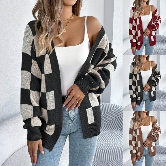 Brondbend Women's Knitted Cardigans Fall Sweater for Womens Long Sleeves Plaid Printed Open Front Casual Coat Loose Fit Fall Going out Party Comfortable Outerwear Versatile,Black