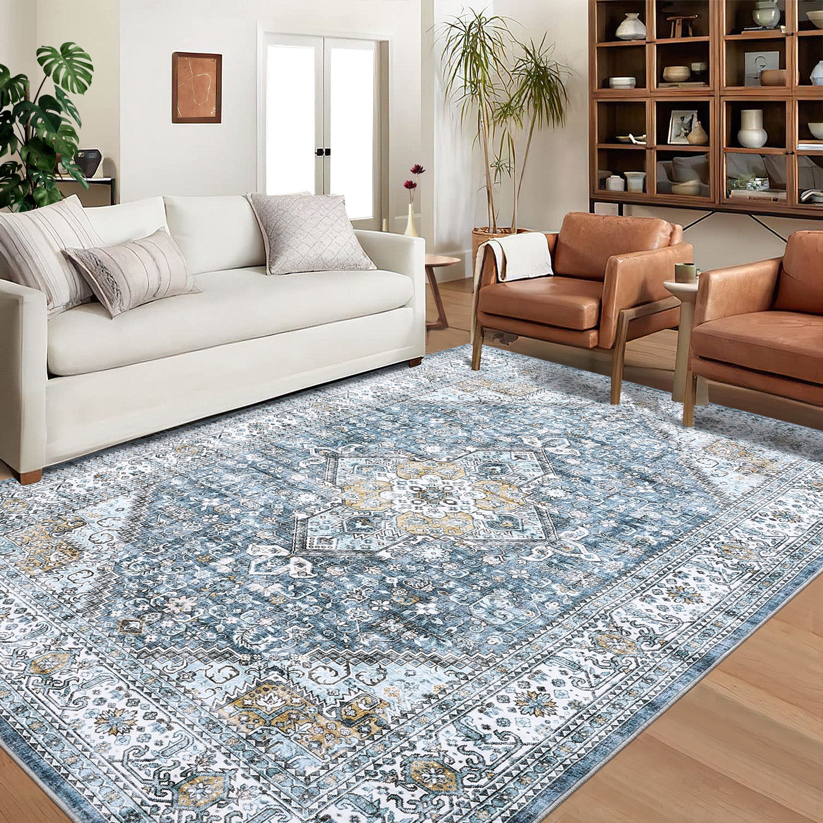 HOMERRY Non-Slip Area Rug for Living Room 5' x 7'Boho Vintage Floral Low Pile Rug, Blue