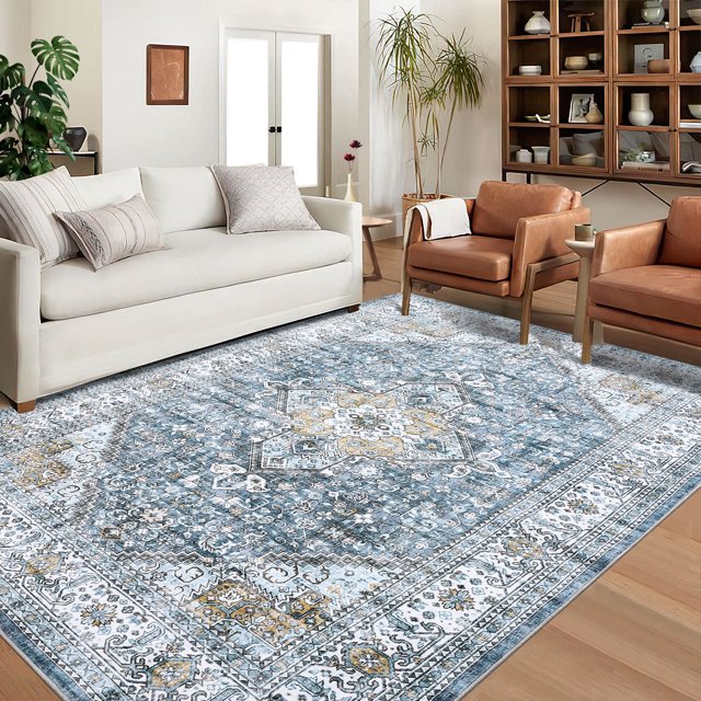 FairOnly 8' x 10' Area Rugs,Machine Washable Printd Rugs for Living Room Bedroom Kitchen Home Decor, Non Slip TPR Back Floor Carpet,Blue