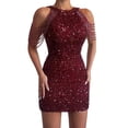 thumbnail image 3 of Vestido corto de verano con escote redondo y hombros descubiertos para mujer, estilo escote colgante, sin tirantes, con lentejuelas, envuelto en la cadera y borlas, para fiesta y cumpleaños, 3 of 5