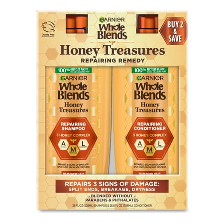 Garnier Whole Blends Honey Treasures Repairing Shampoo & Conditioner, Damaged Hair, 54.6 fl oz