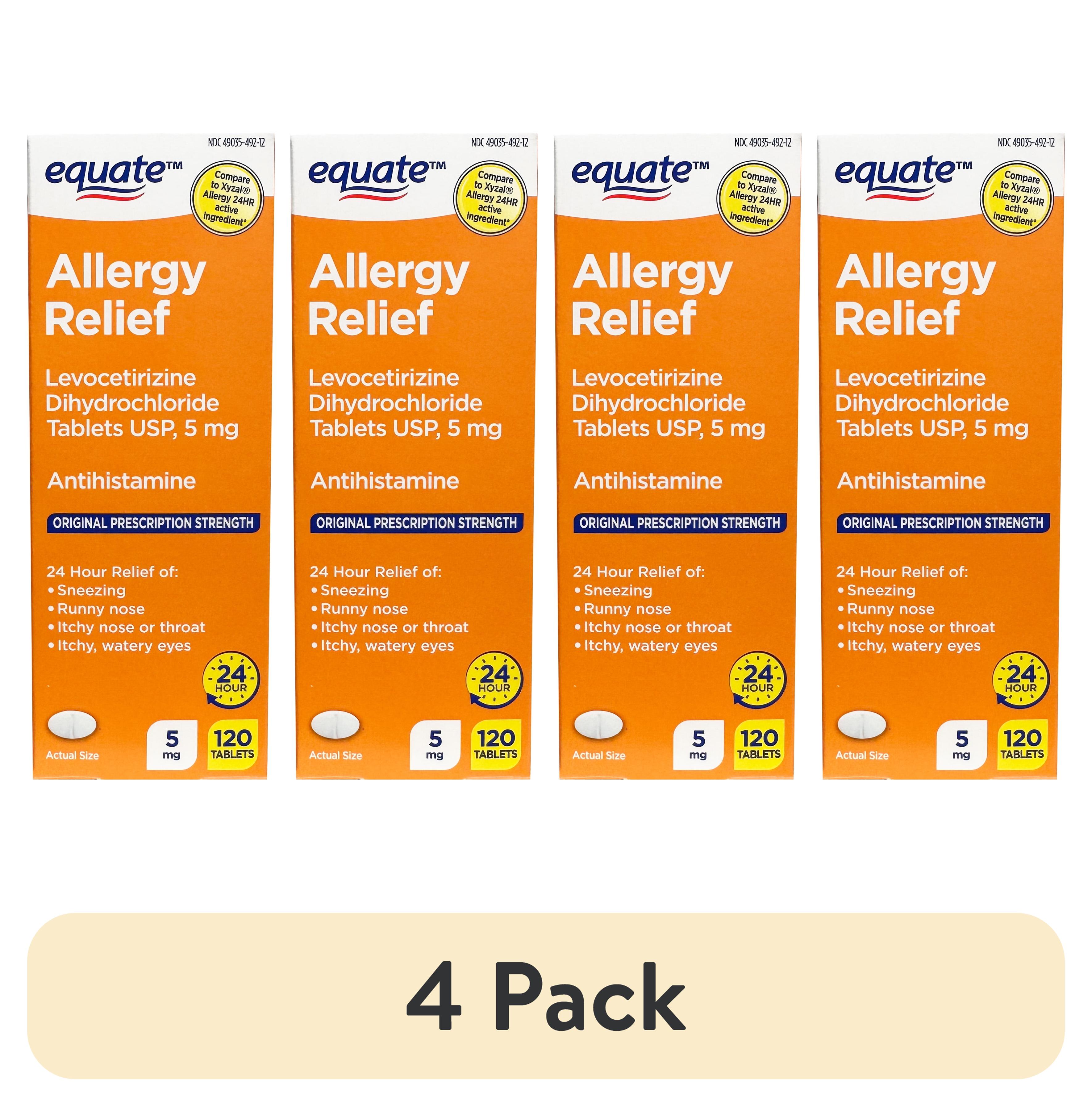 (4 pack) Equate Levocetirizine Dihydrochloride USP Allergy Relief Tablets, 5 mg, 120 Count