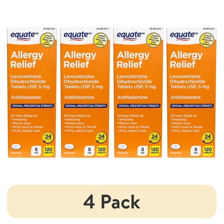 (4 pack) Equate Levocetirizine Dihydrochloride USP Allergy Relief Tablets, 5 mg, 120 Count