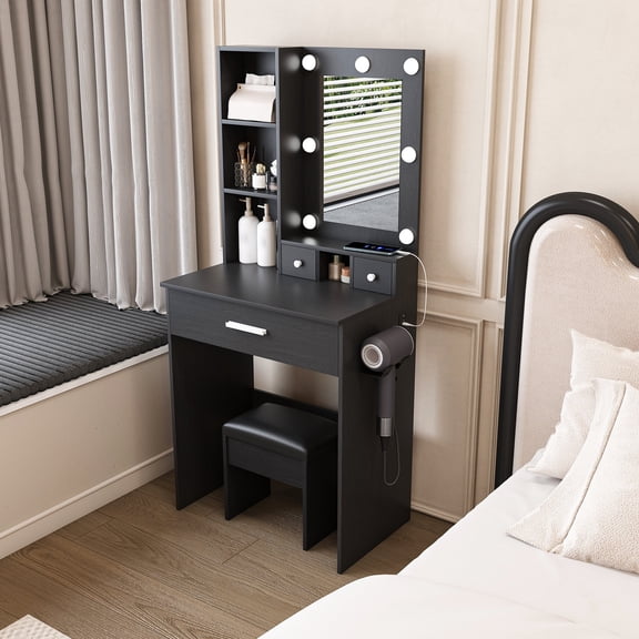 Compact Vanity Table with Mirror & Adjustable LED Lights, Power Outlet, Hairdryer Holder & Stool - Space Saving Dressing Desk for Small Bedrooms (Black)