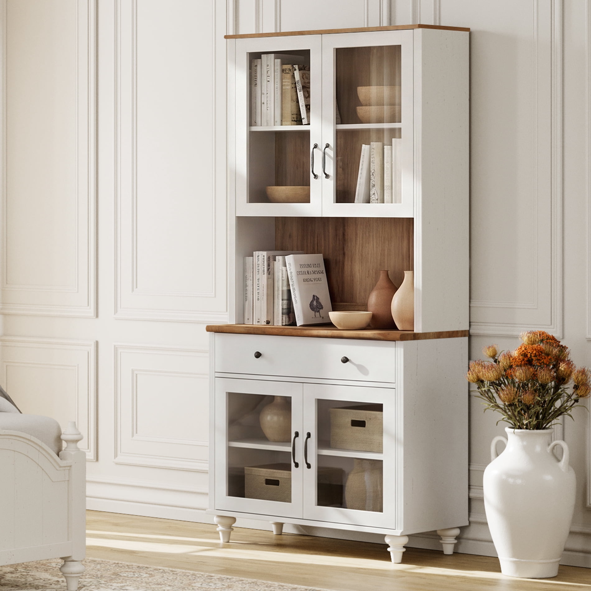72"H ×33.9"W 5-Tier Farmhouse Display Bookcase with Glass Doors, Storage Cabinet & Wood Drawer, Wooden Bookshelf for Living Room, Office, Kitchen, White