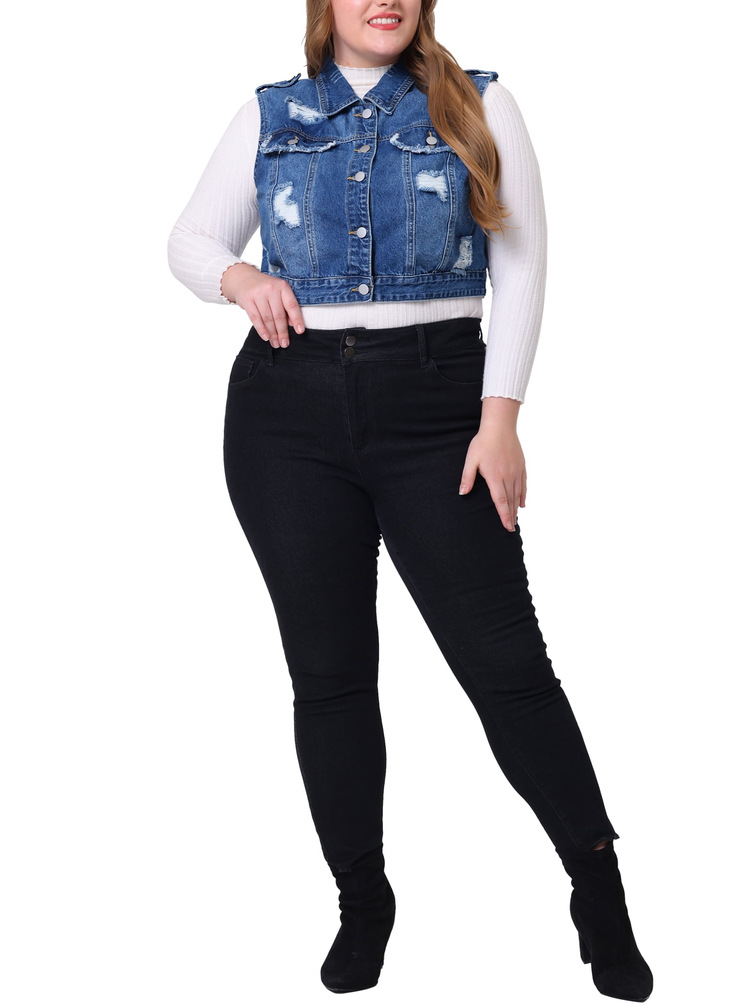 Unique Bargains Women's Plus Size Denim Sleeveless Chest Pockets Vests Jacket 4X Blue