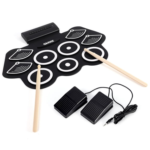 9-Pad Wireless Roll-Up Drum Pad - Dual Speakers, Headphone Jack, Recording, 12 Demos, 7 Rhythms, Sticks & Pedals - 9-Sided Thick Silicone Hand-Rolled Drum (Can Be Connected to Speaker)