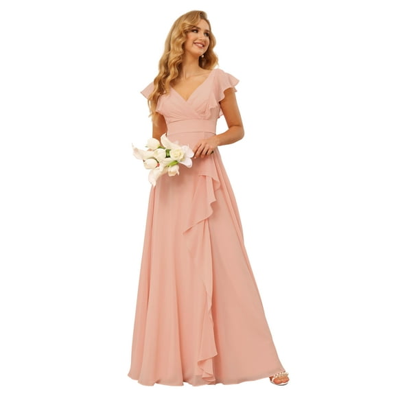 Vestido de dama de honor TIRAS con volantes, chifón, rosa empolvado, talla grande