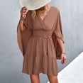 thumbnail image 2 of Women's Wrap V Neck Butterfly Sleeve Mini Dress Tie Back High Waist Button Plain A Line Dress Pleated Swing Tunic Dress, 2 of 6