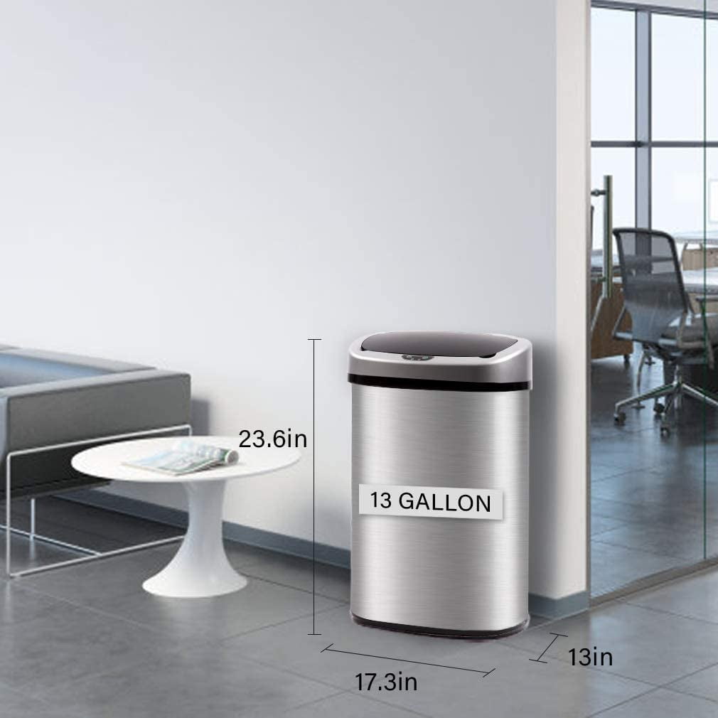 Dkelincs Automatic 13 Gallon Kitchen Can Stainless Steel Touch Free Trash Can with Lid Waste Bin for Kitchen Bathroom Bedroom Office, Powered by 4x C Batteries Trash Can