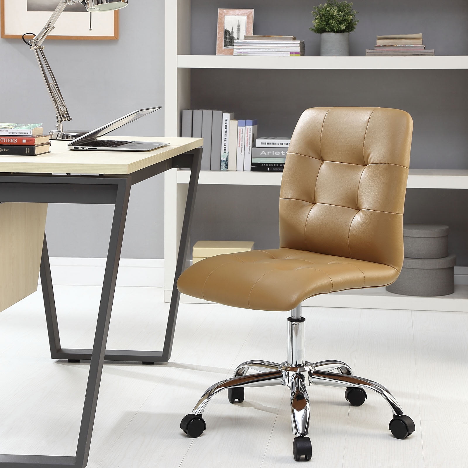 Modway Prim Modern Faux Leather Armless Mid Back Office Chair in Tan
