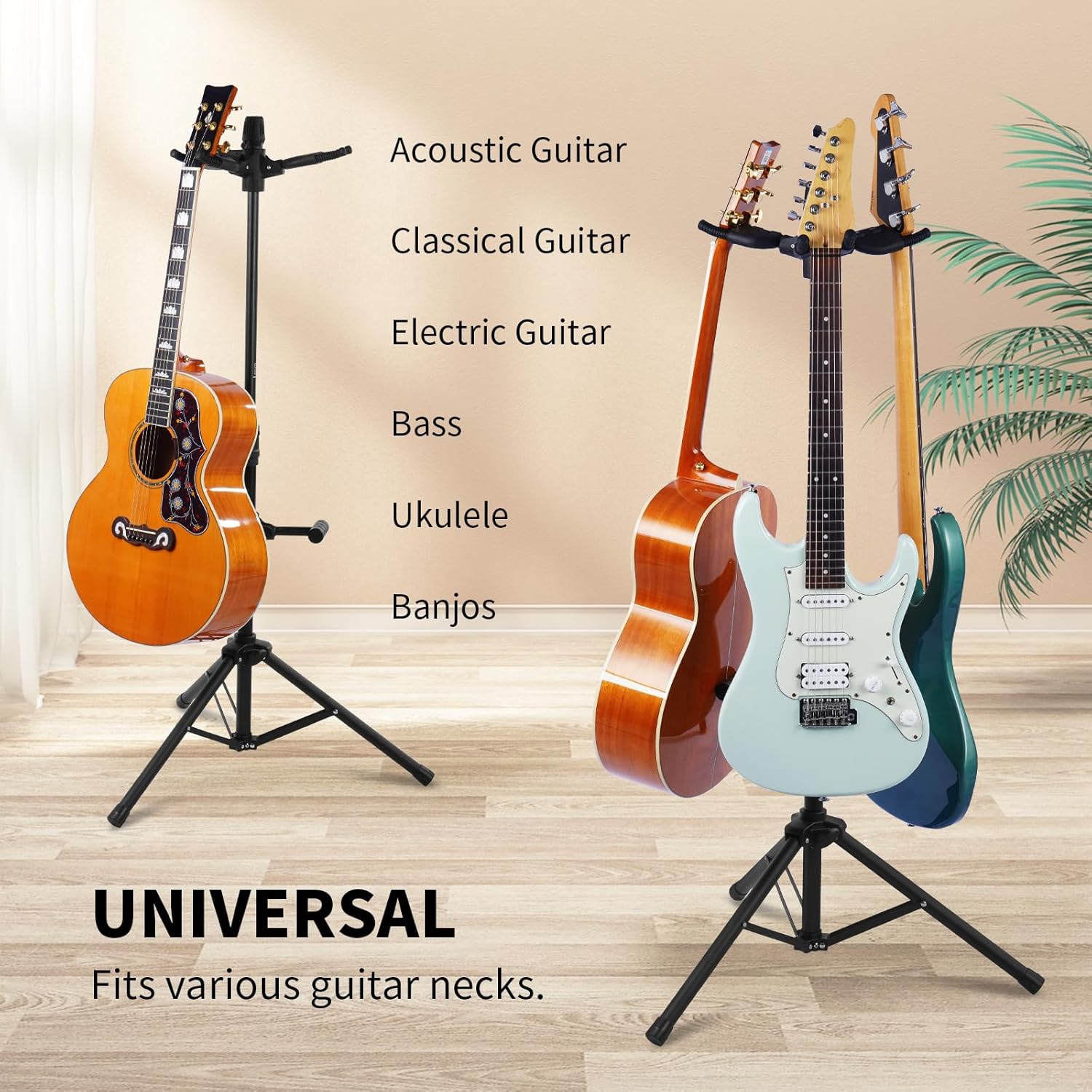 Triple Guitar Stand - Heavy Duty 3 Guitar Stand for Acoustic/Electric/Bass/Banjos, Auto-Lock Folding Design, Non-Slip Base & Anti-Rust - Portable for Stage/Travel/Studio GGS-06T