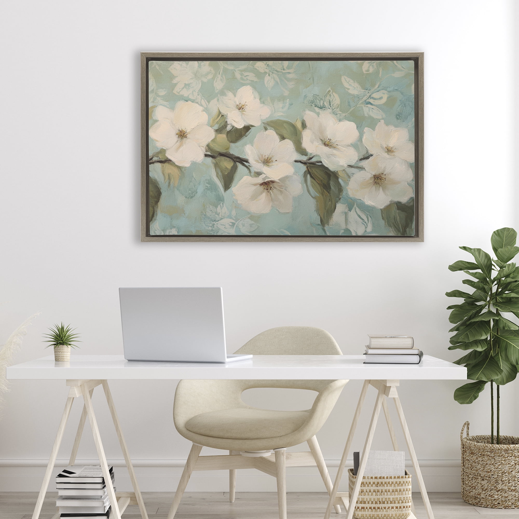 Stupell Industries Serene Flower Branch Blooms Brown Framed Floater Canvas Wall Art, design by Petal Prints Design