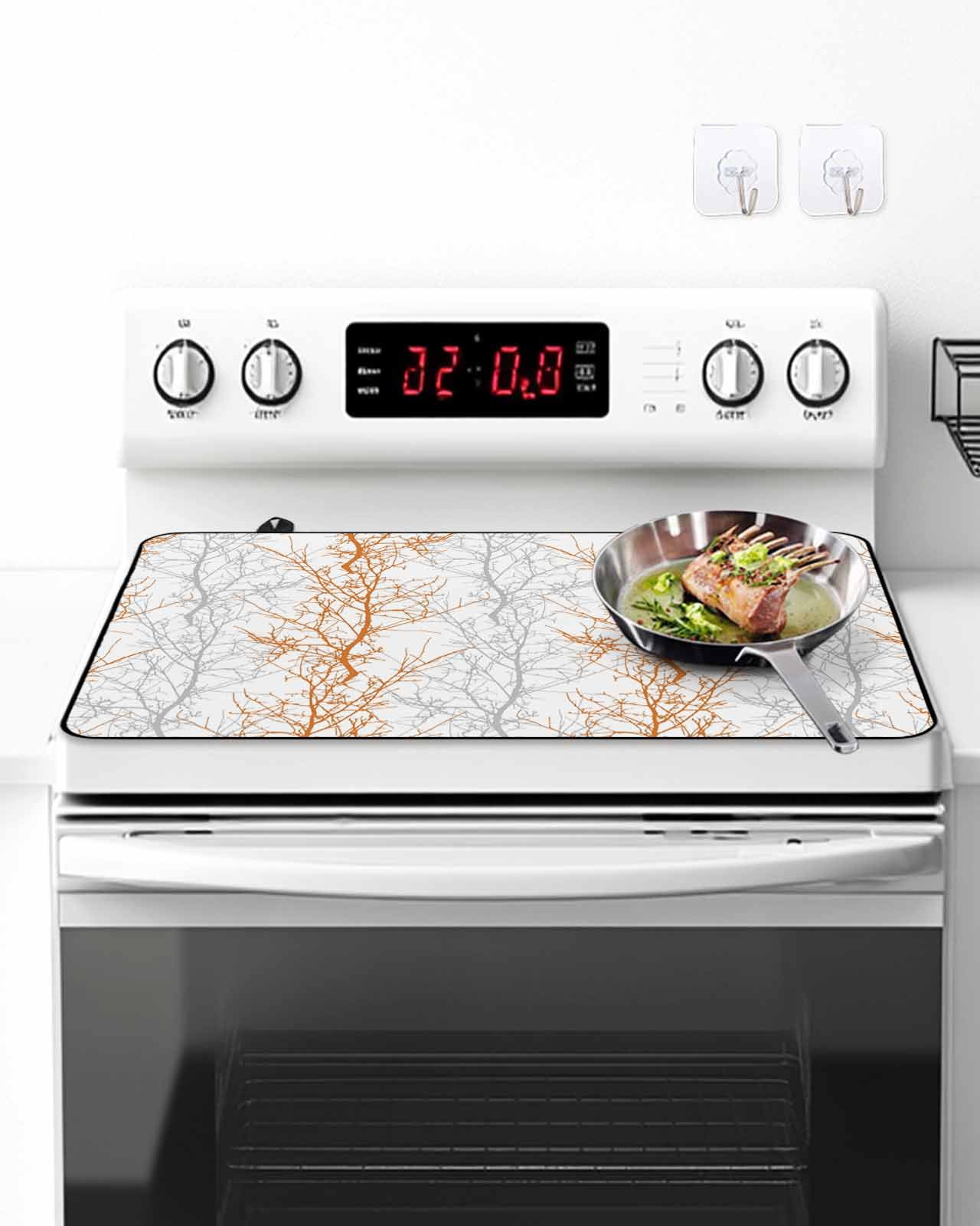 Stove Top Covers for Electric Stove, Orange Gray Glass Stovetop Cover Protector, Pastoral Botanical Branch Aesthetics Induction Cooktop Protector Oven Mat for Kitchen Countertop 24"x21"