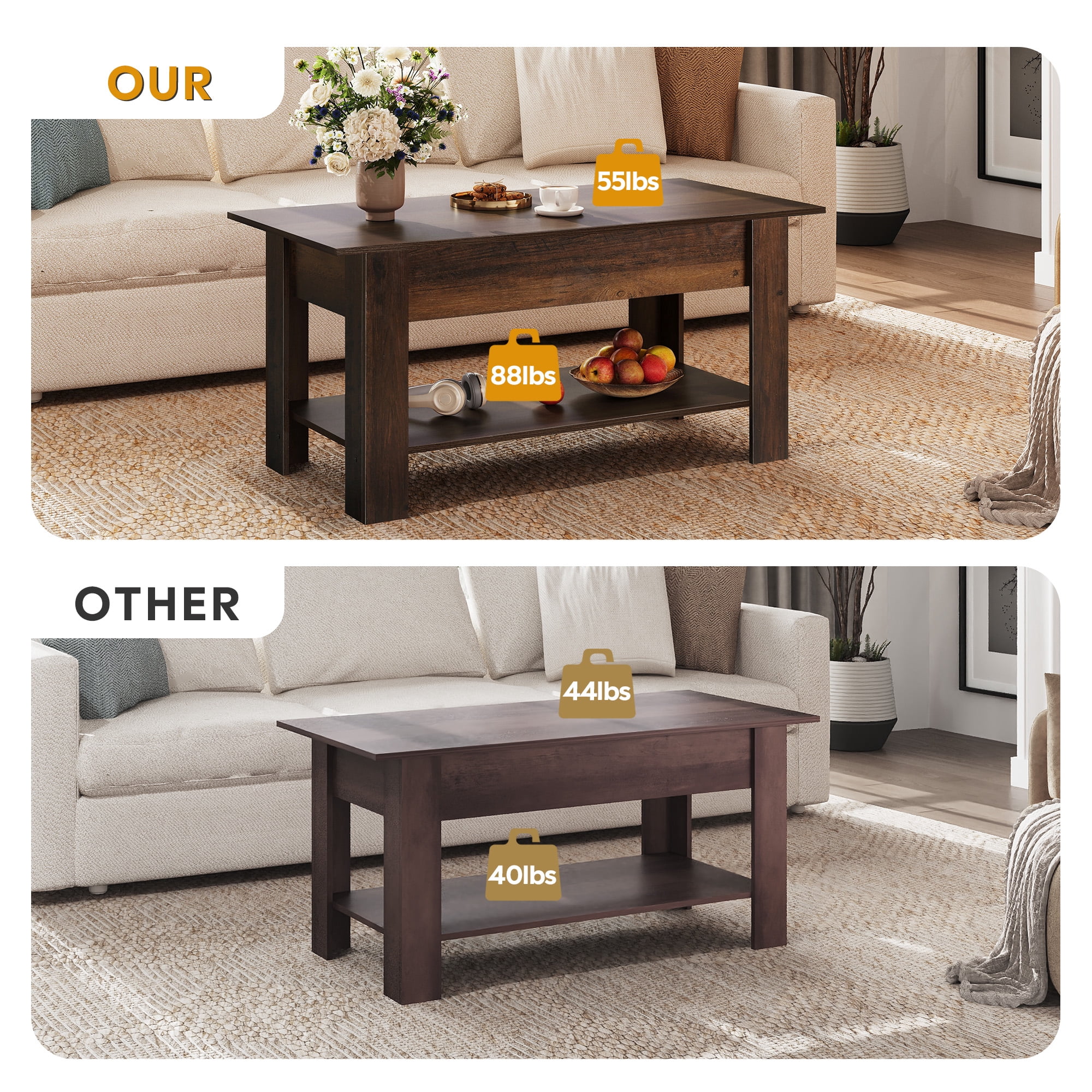 GALAXHERO 39" Lift Top Coffee Table with Storage Shelf & Hidden Compartment and Lifting Top for Home Living Room Office and Reception Room Espresso